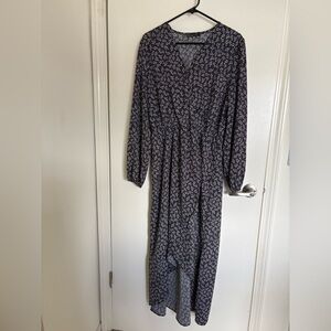 PRETTYGARDEN Black & White with Purple Detail Floral V-Neck Maxi Dress - Large